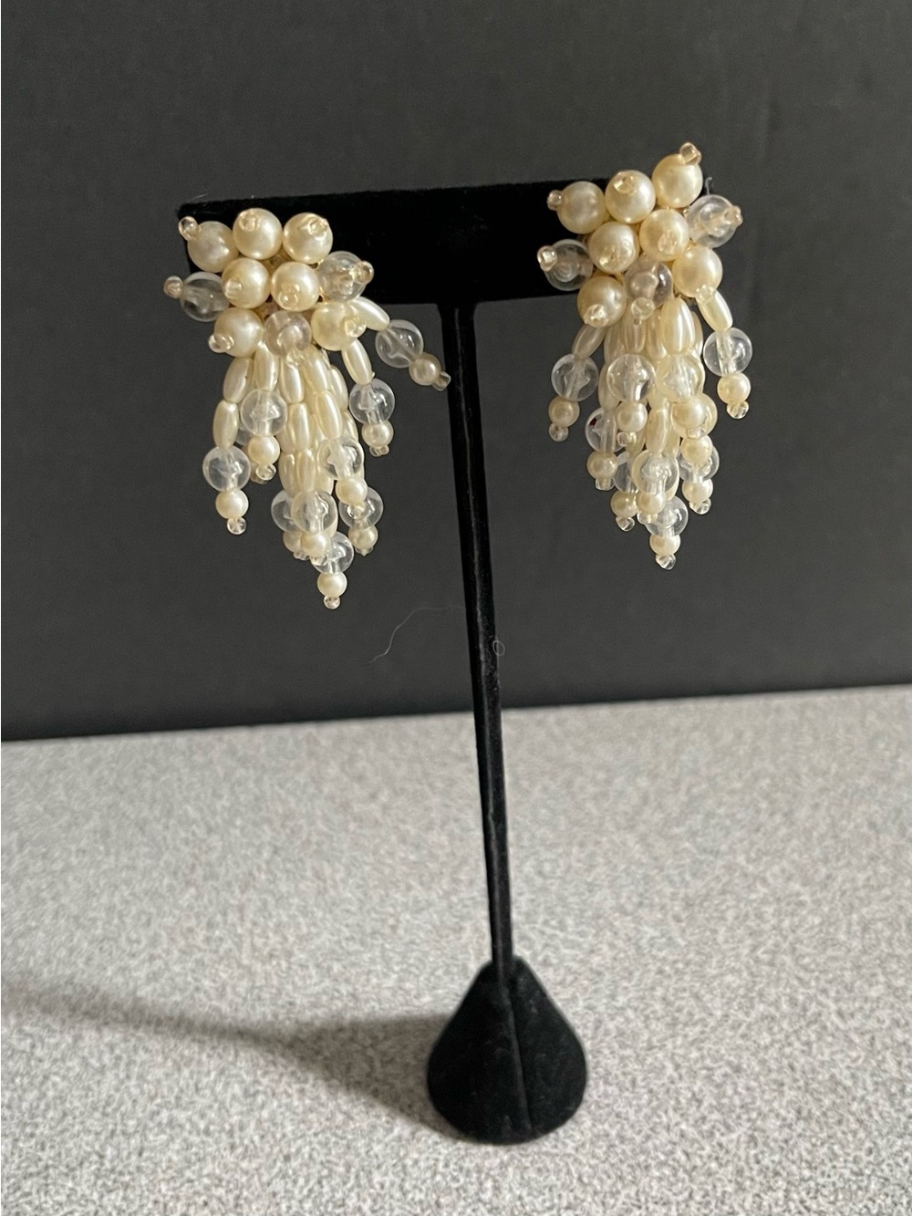 Vintage Faux Pearl Cluster Drop Earrings - Ivory Bead Fringe Clip On Earrings